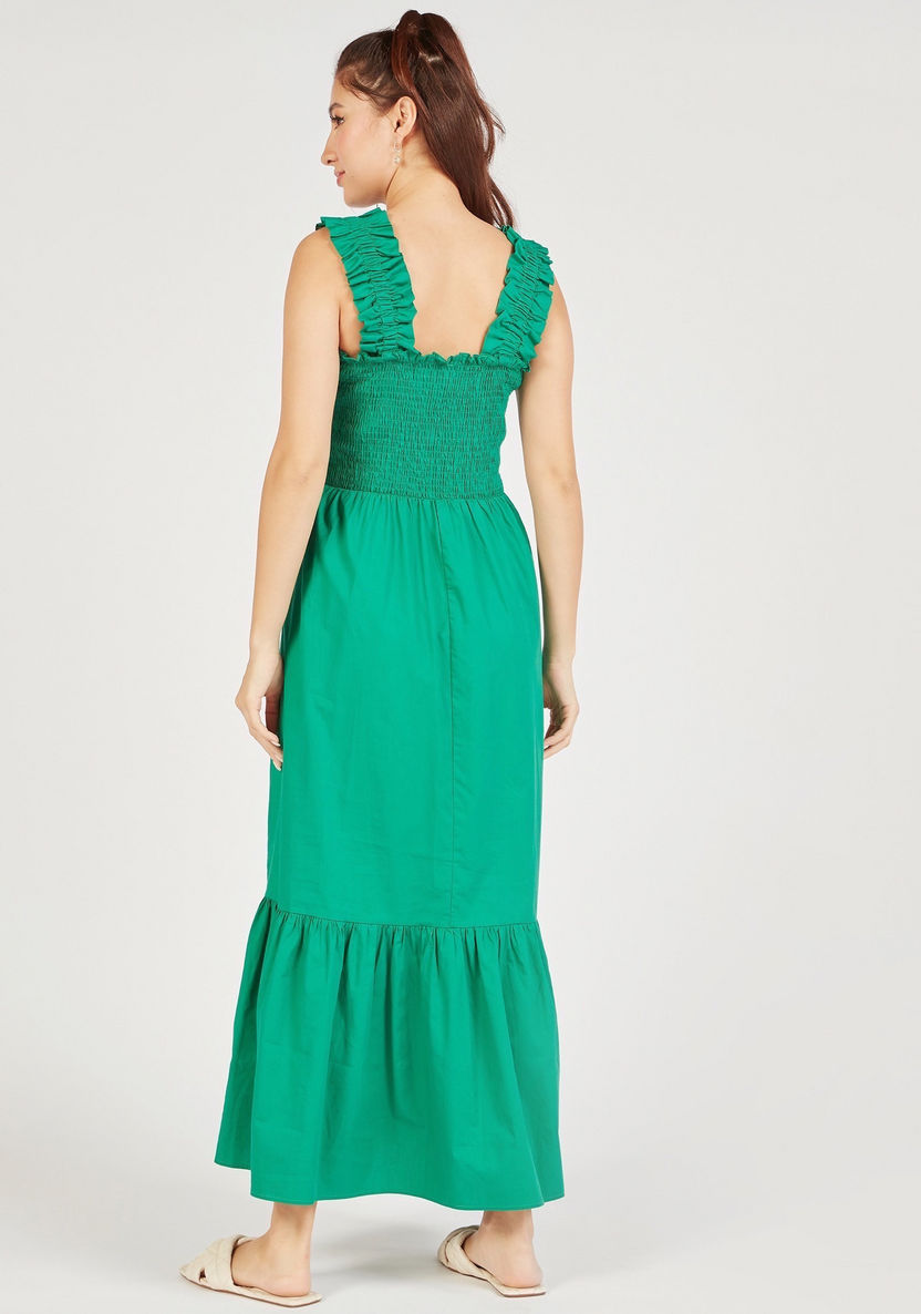 Solid Sleeveless Maxi A-line Dress with Gathered Detail-Dresses-image-3