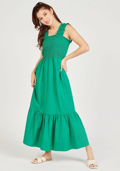 Solid Sleeveless Maxi A-line Dress with Gathered Detail-Dresses-image-4
