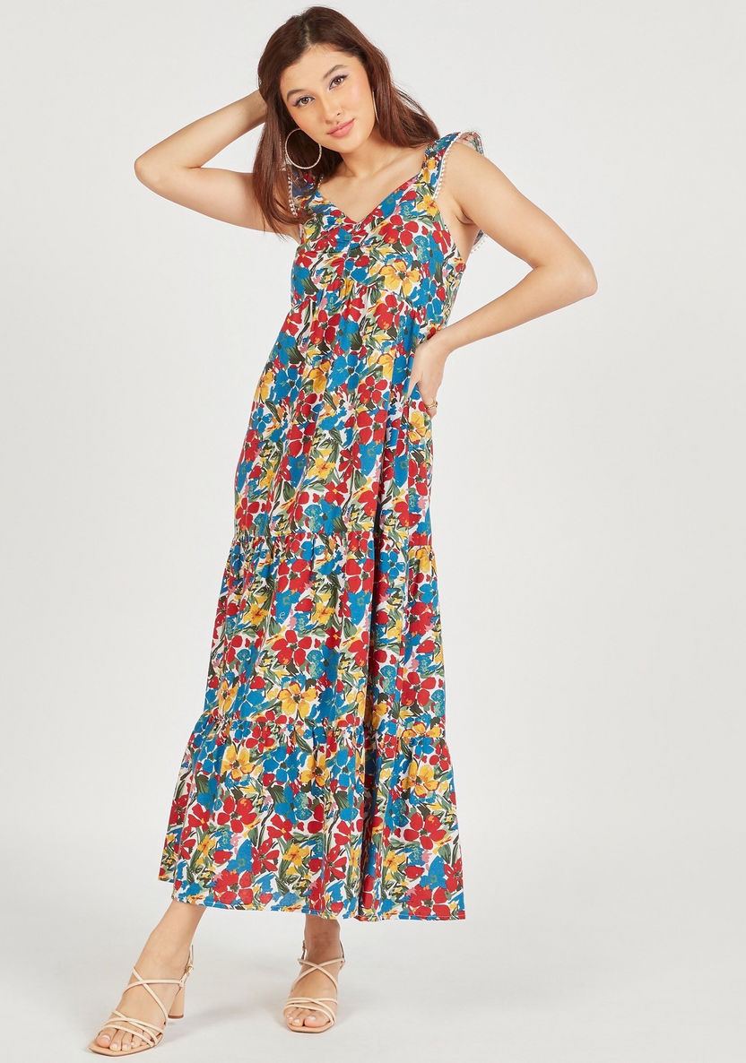 Floral Print Sleeveless Maxi A-line Dress with Lace Trim-Dresses-image-0