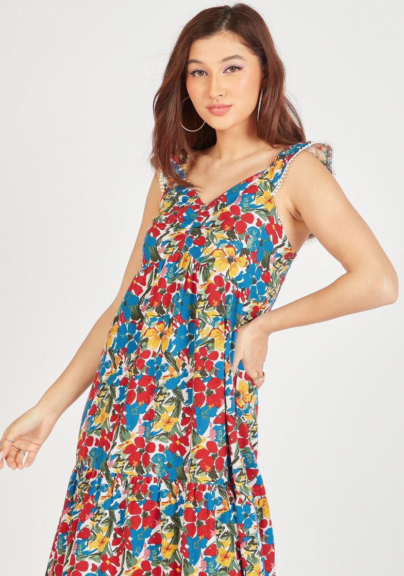 Floral Print Sleeveless Maxi A-line Dress with Lace Trim-Dresses-image-2