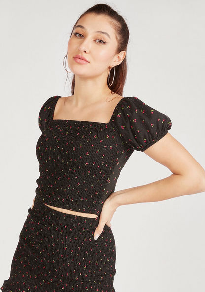 Floral Print Square Neck Top with Short Sleeves and Shirred Detail-Shirts & Blouses-image-2