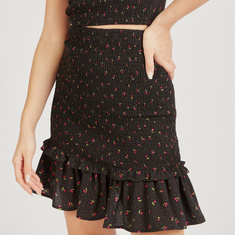 Floral Print A-line Skirt with Gathered Detail