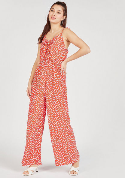 Floral Print Sleeveless Jumpsuit with Elastic Waistband and Bow Detail-Jumpsuits & Playsuits-image-1