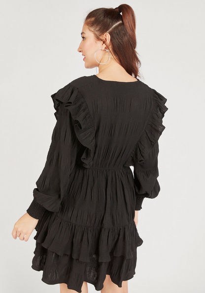Textured V-neck Mini Tiered Dress with Ruffles and Long Sleeves-Dresses-image-3