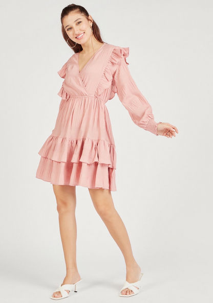 Textured V-neck Mini Tiered Dress with Ruffles and Long Sleeves-Dresses-image-1