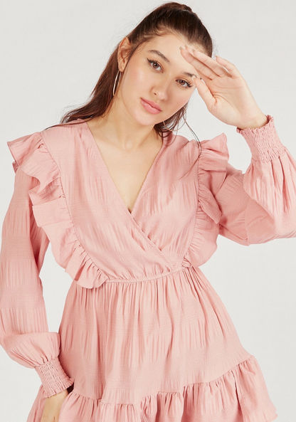 Textured V-neck Mini Tiered Dress with Ruffles and Long Sleeves-Dresses-image-2