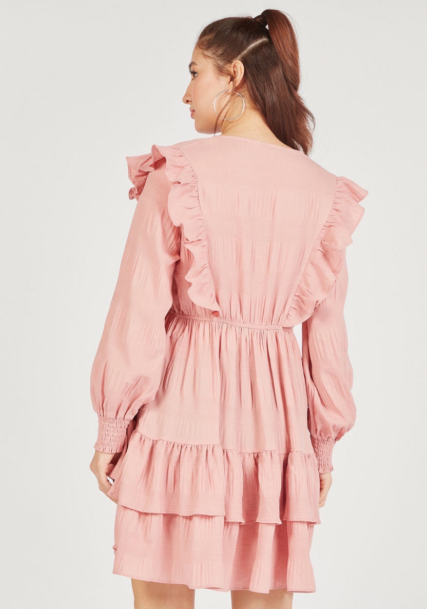 Textured V-neck Mini Tiered Dress with Ruffles and Long Sleeves-Dresses-image-3