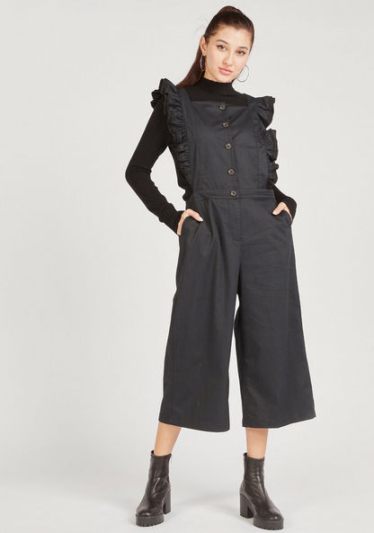Ruffle Detail Sleeveless Jumpsuit with Button Closure and Pockets-Jumpsuits & Playsuits-image-0