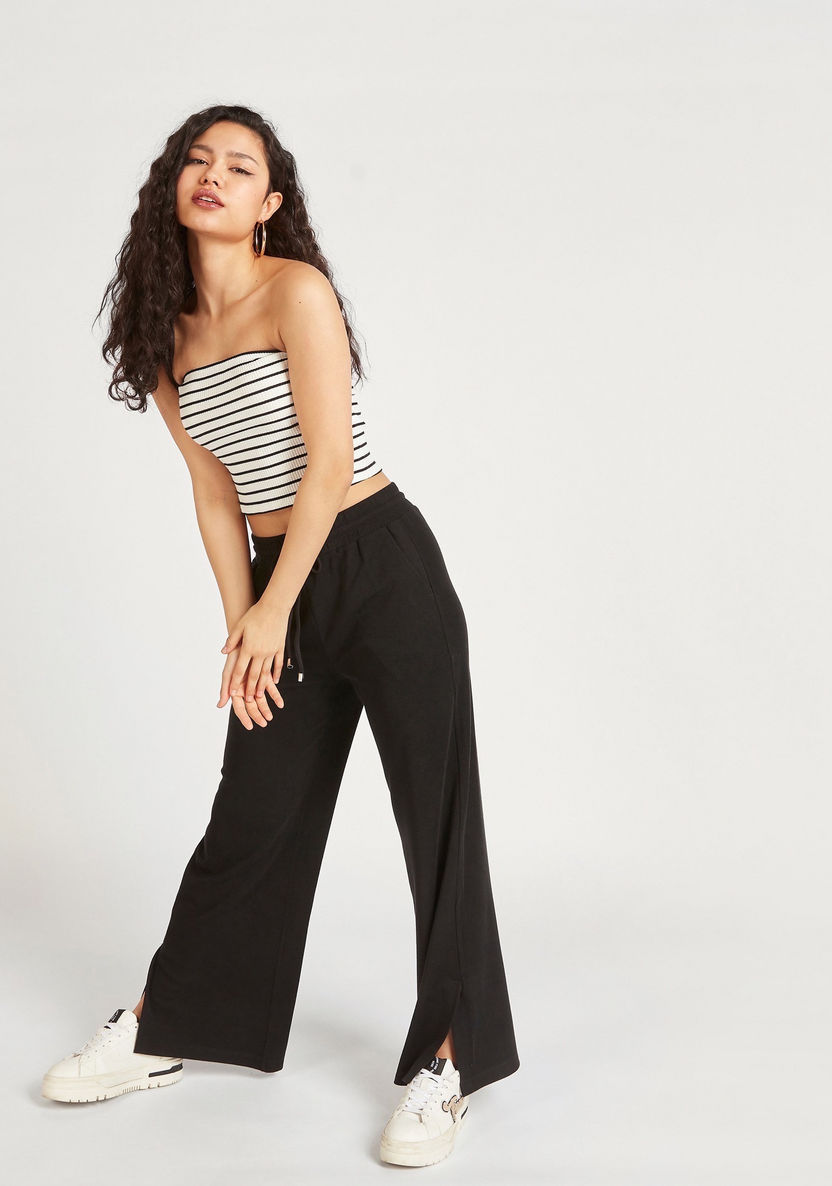Solid Mid-Rise Pants with Drawstring Closure and Side Slits-Pants-image-1