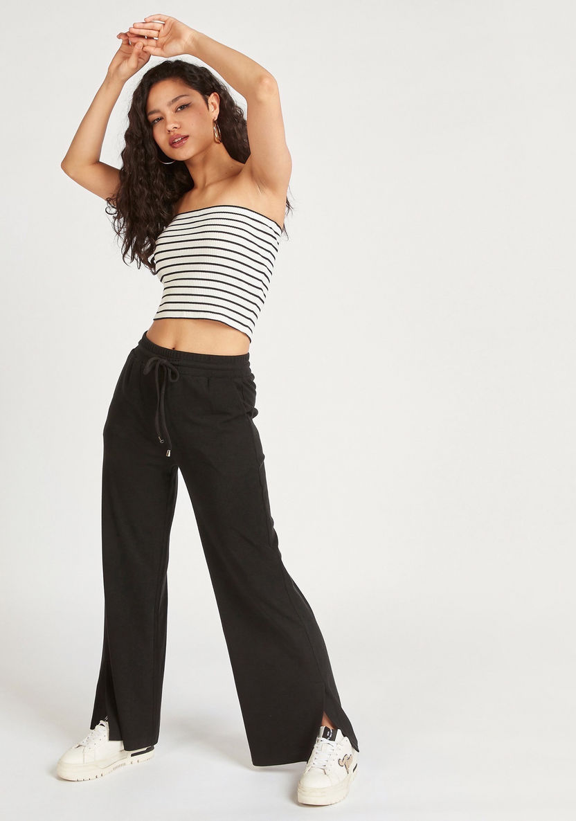 Solid Mid-Rise Pants with Drawstring Closure and Side Slits-Pants-image-3