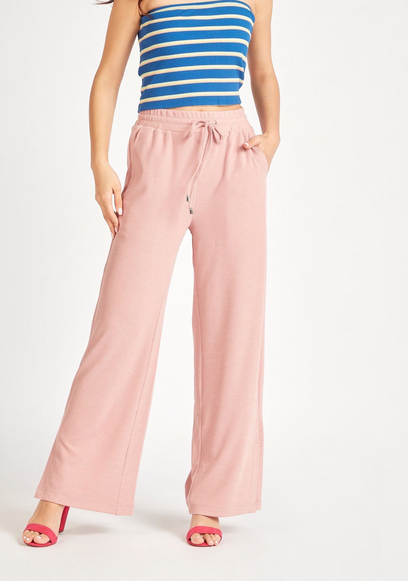 Solid Mid-Rise Pants with Drawstring Closure and Side Slits-Pants-image-0