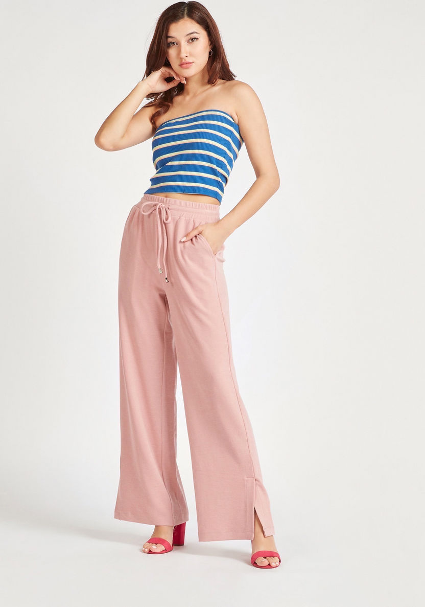 Solid Mid-Rise Pants with Drawstring Closure and Side Slits-Pants-image-1
