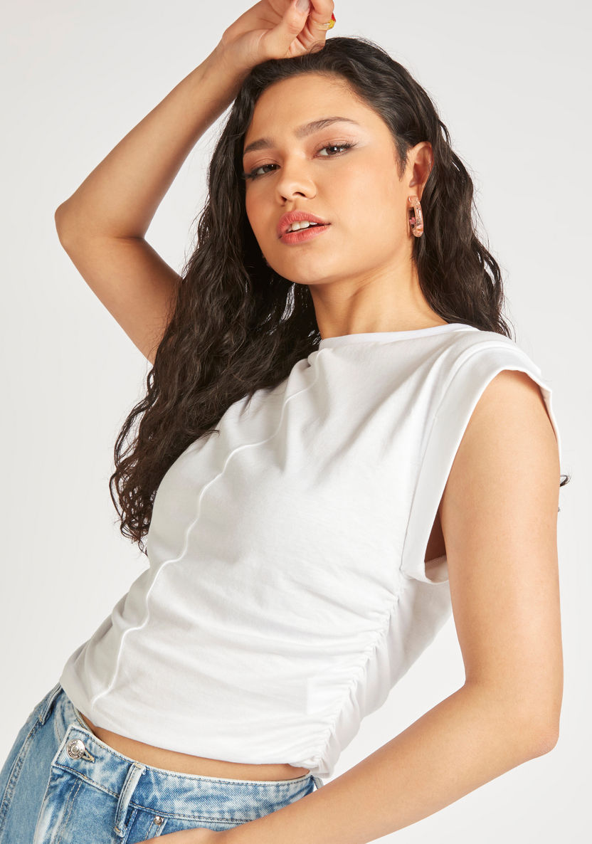 Solid Round Neck Cap Sleeves T-shirt with Ruched Detail-T Shirts-image-0