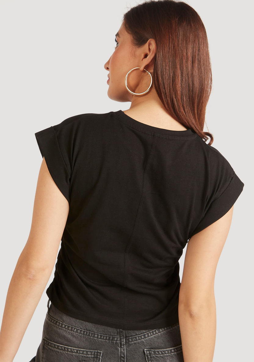 Solid Round Neck Cap Sleeves T-shirt with Ruched Detail-T Shirts-image-4