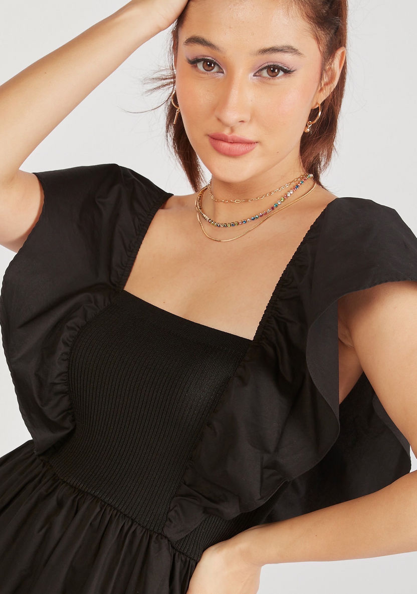 Solid A-line Maxi Dress with Short Sleeves and Frill Detail-Dresses-image-1