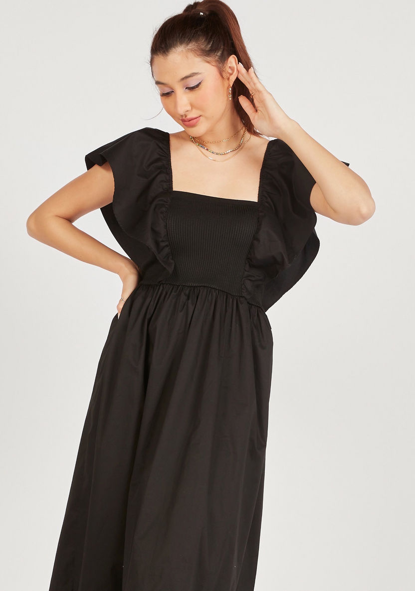 Solid A-line Maxi Dress with Short Sleeves and Frill Detail-Dresses-image-2