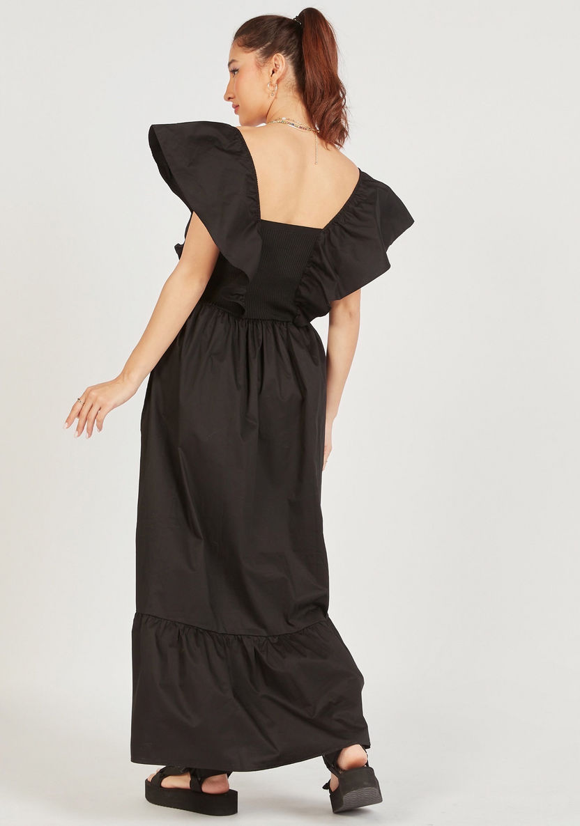Solid A-line Maxi Dress with Short Sleeves and Frill Detail-Dresses-image-3