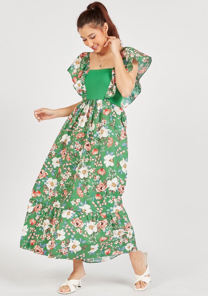 Floral Print A-line Maxi Dress with Short Sleeves and Frill Detail-Dresses-image-0