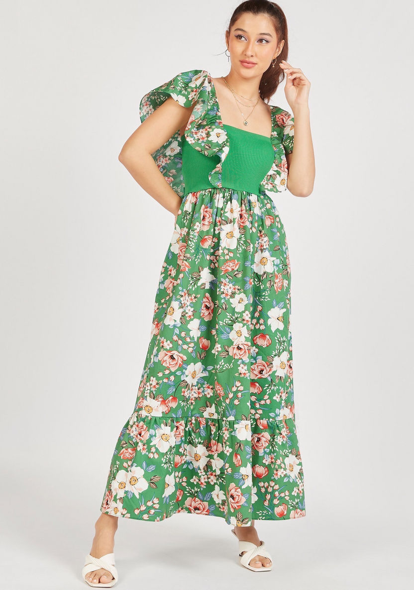 Floral Print A-line Maxi Dress with Short Sleeves and Frill Detail-Dresses-image-4