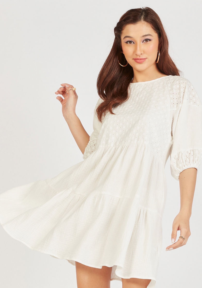 Textured Mini Tiered Dress with Crew Neck and Puff Sleeves-Dresses-image-4