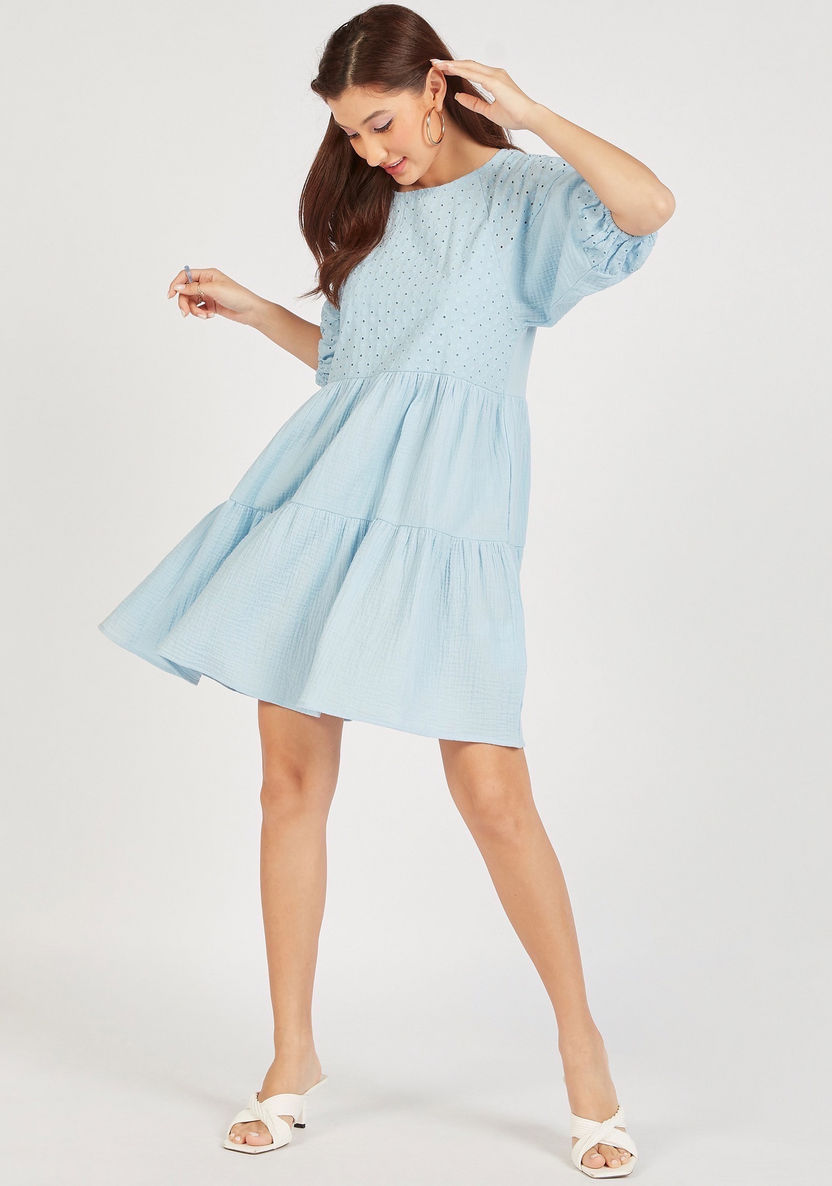 Textured Mini Tiered Dress with Crew Neck and Puff Sleeves-Dresses-image-0