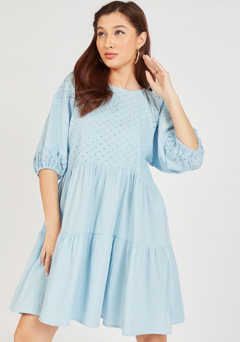Textured Mini Tiered Dress with Crew Neck and Puff Sleeves-Dresses-image-1