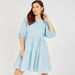 Textured Mini Tiered Dress with Crew Neck and Puff Sleeves-Dresses-thumbnail-1