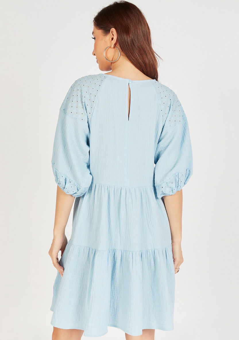 Textured Mini Tiered Dress with Crew Neck and Puff Sleeves-Dresses-image-3