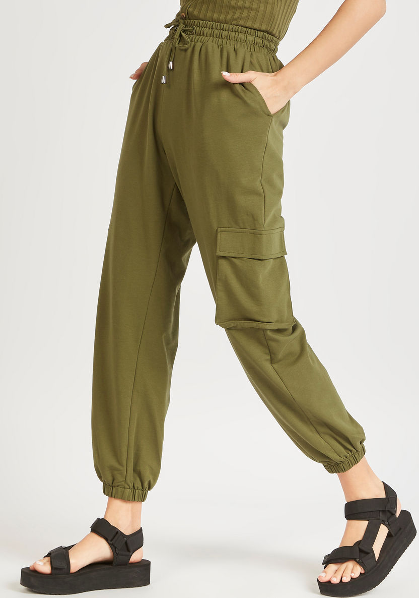Solid Mid-Rise Cargo Joggers with Drawstring Closure-Joggers-image-1