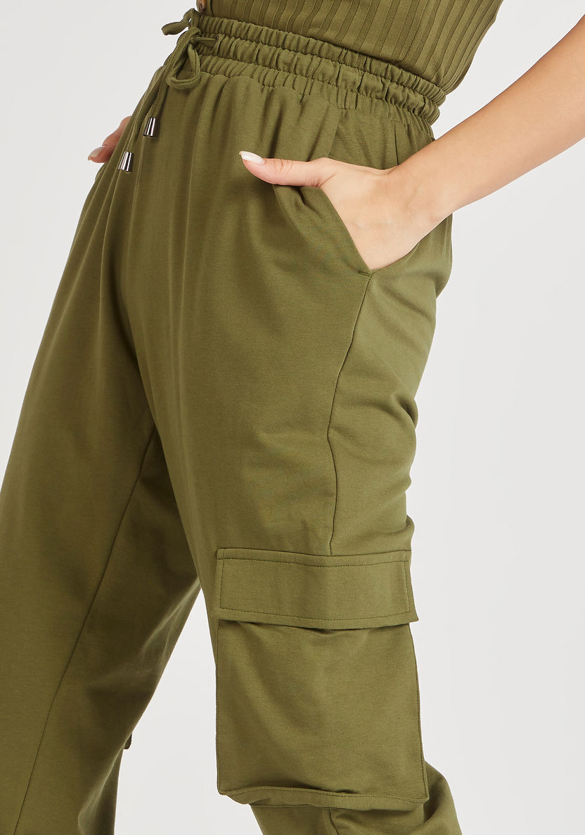 Solid Mid-Rise Cargo Joggers with Drawstring Closure-Joggers-image-2