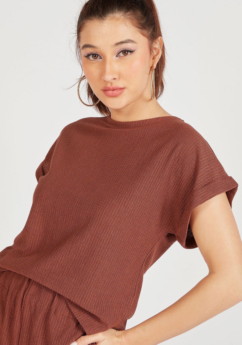 Textured Crew Neck T-shirt with Short Sleeves and Tie-Back Detail-T Shirts-image-0