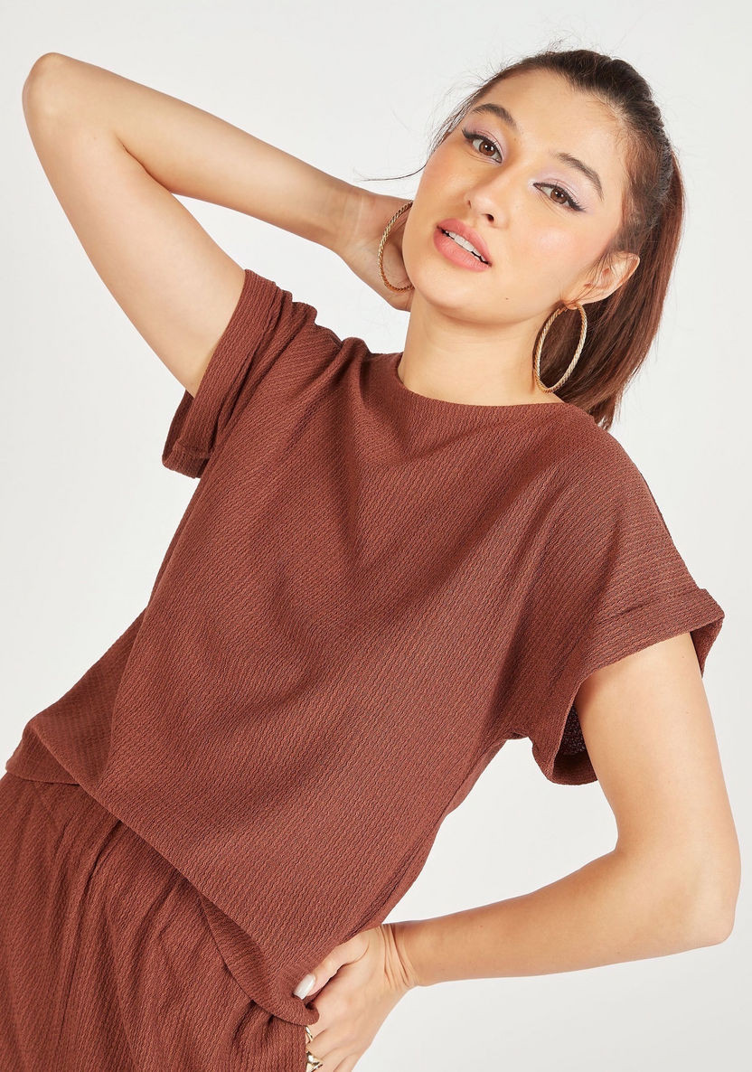 Textured Crew Neck T-shirt with Short Sleeves and Tie-Back Detail-T Shirts-image-2