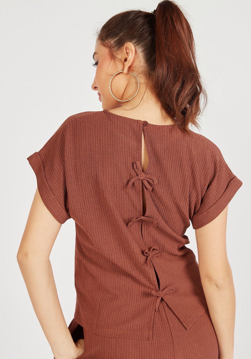 Textured Crew Neck T-shirt with Short Sleeves and Tie-Back Detail-T Shirts-image-3