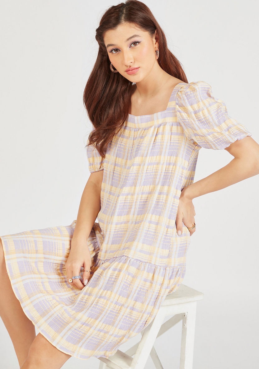 Checked Square Neck Midi Swing Dress with Short Sleeves and Flared Hem-Dresses-image-0