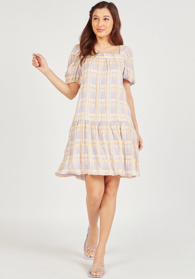 Checked Square Neck Midi Swing Dress with Short Sleeves and Flared Hem-Dresses-image-1