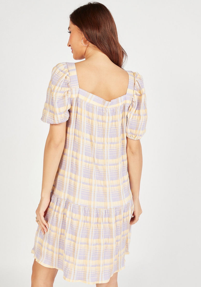 Checked Square Neck Midi Swing Dress with Short Sleeves and Flared Hem-Dresses-image-3