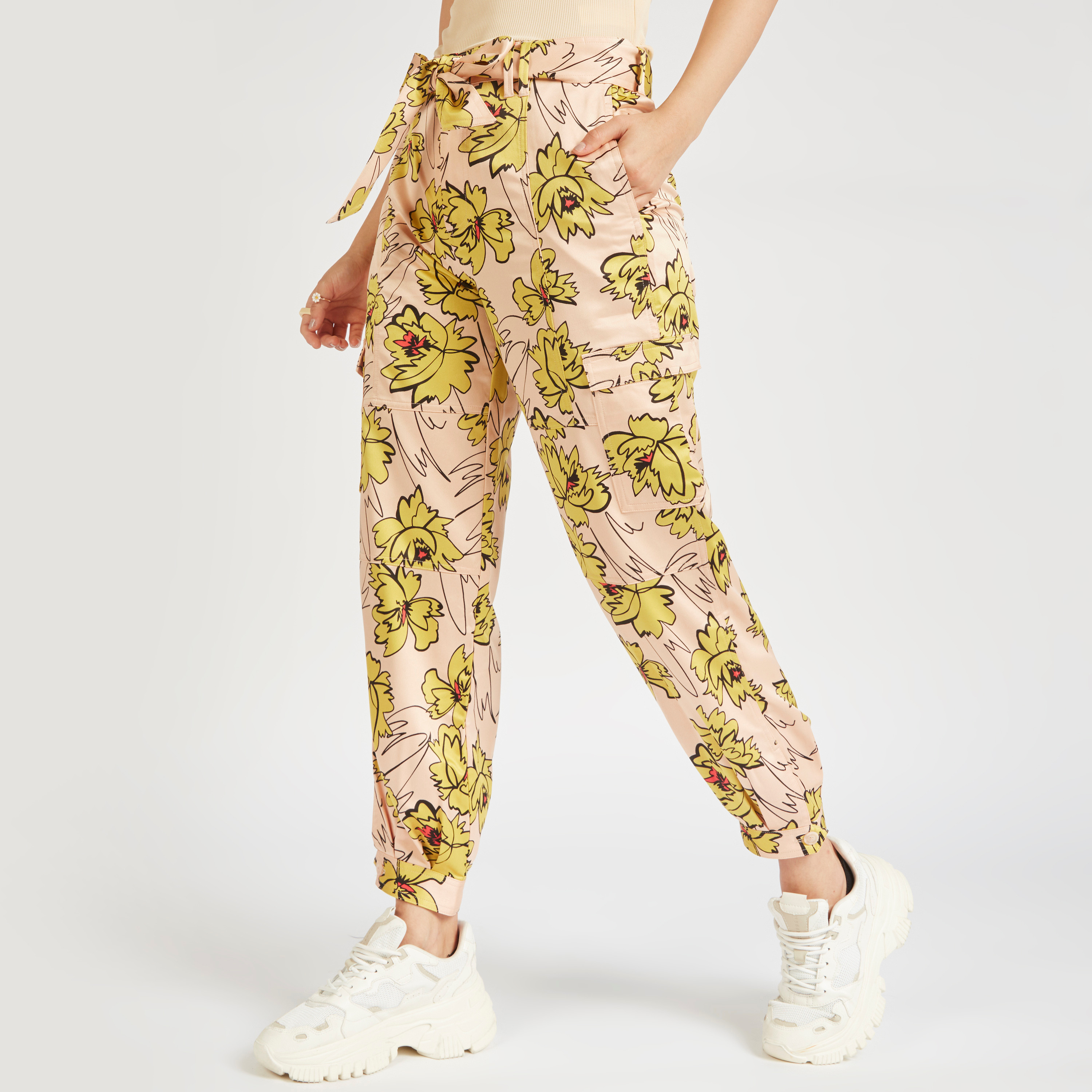 Floral Print Mid-Rise Pants with Tie-Up Belt and Pockets-women-clothing-trousers-image-1