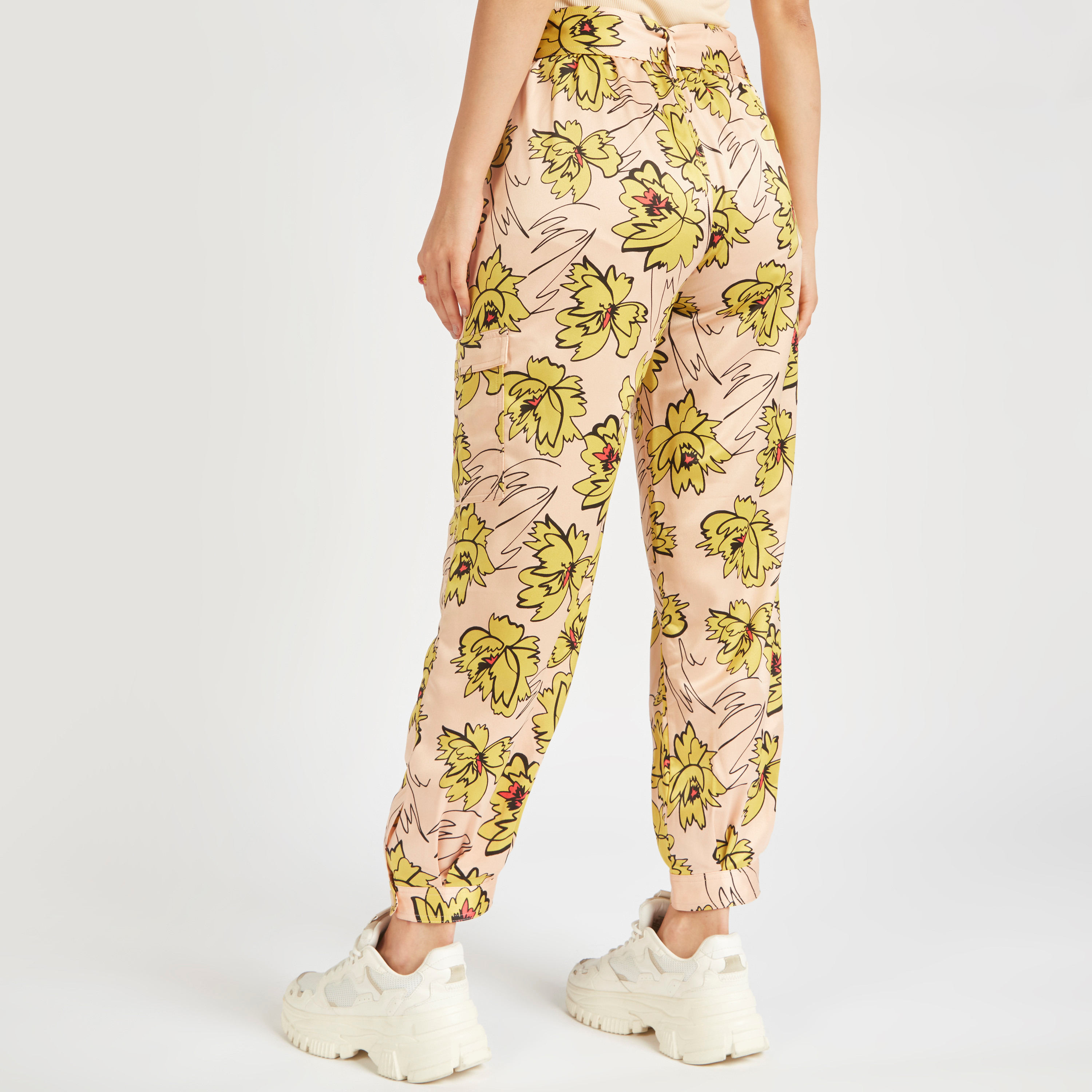 Floral Print Mid-Rise Pants with Tie-Up Belt and Pockets-women-clothing-trousers-image-4