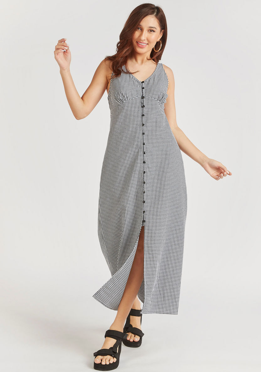 Checked Midi A-line Sleeveless Dress with Button Closure-Dresses-image-0