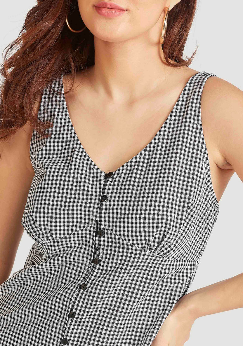 Checked Midi A-line Sleeveless Dress with Button Closure-Dresses-image-2