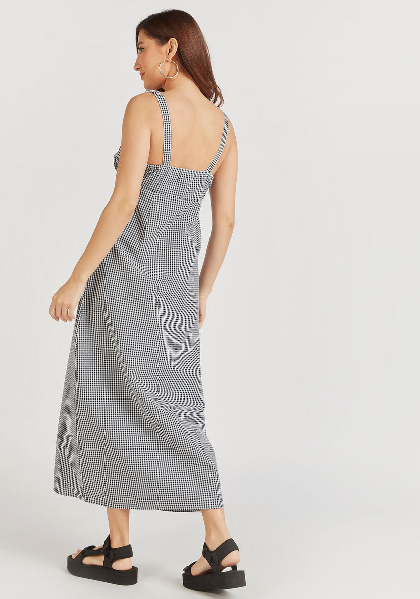 Checked Midi A-line Sleeveless Dress with Button Closure-Dresses-image-3