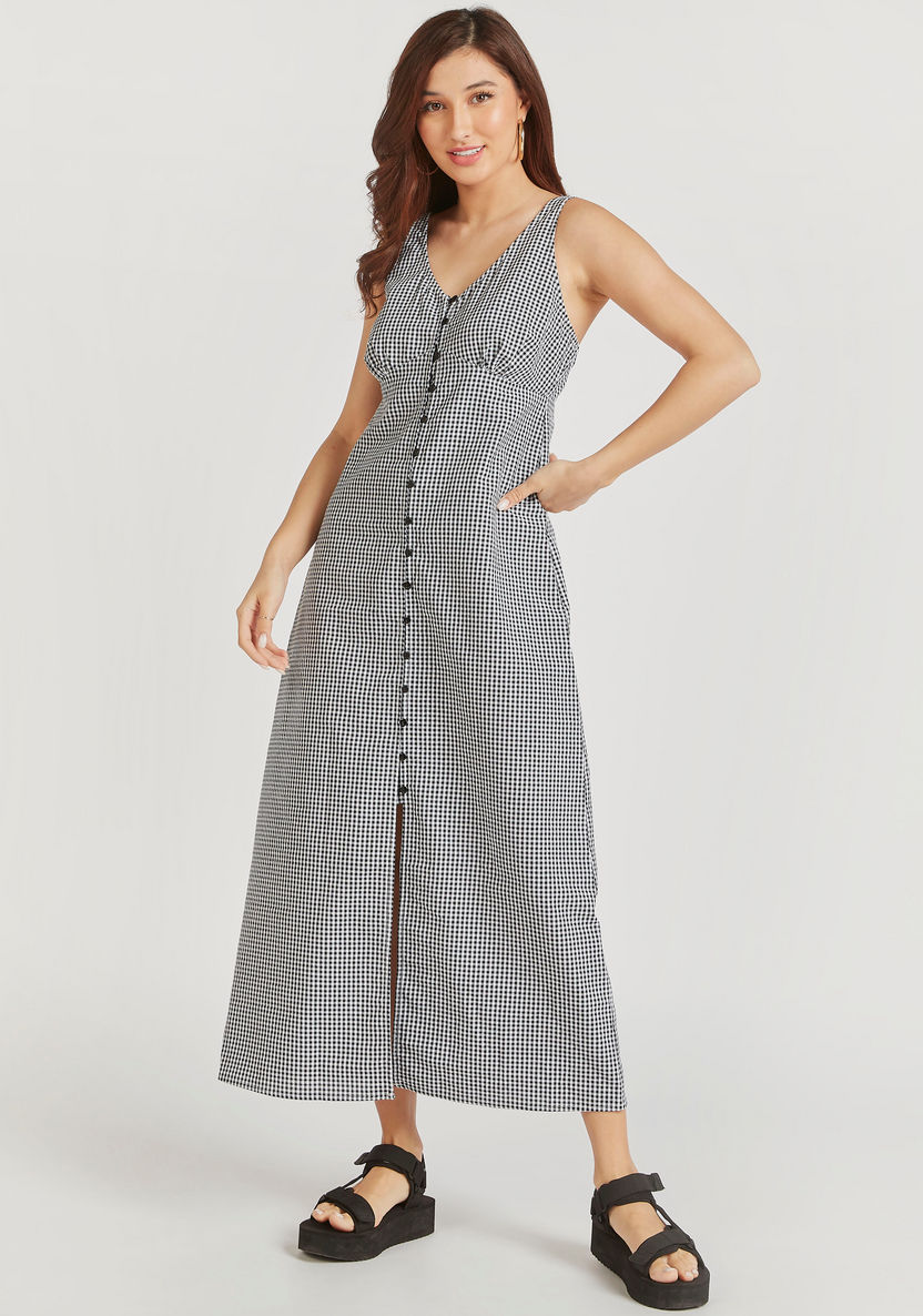 Checked Midi A-line Sleeveless Dress with Button Closure-Dresses-image-4