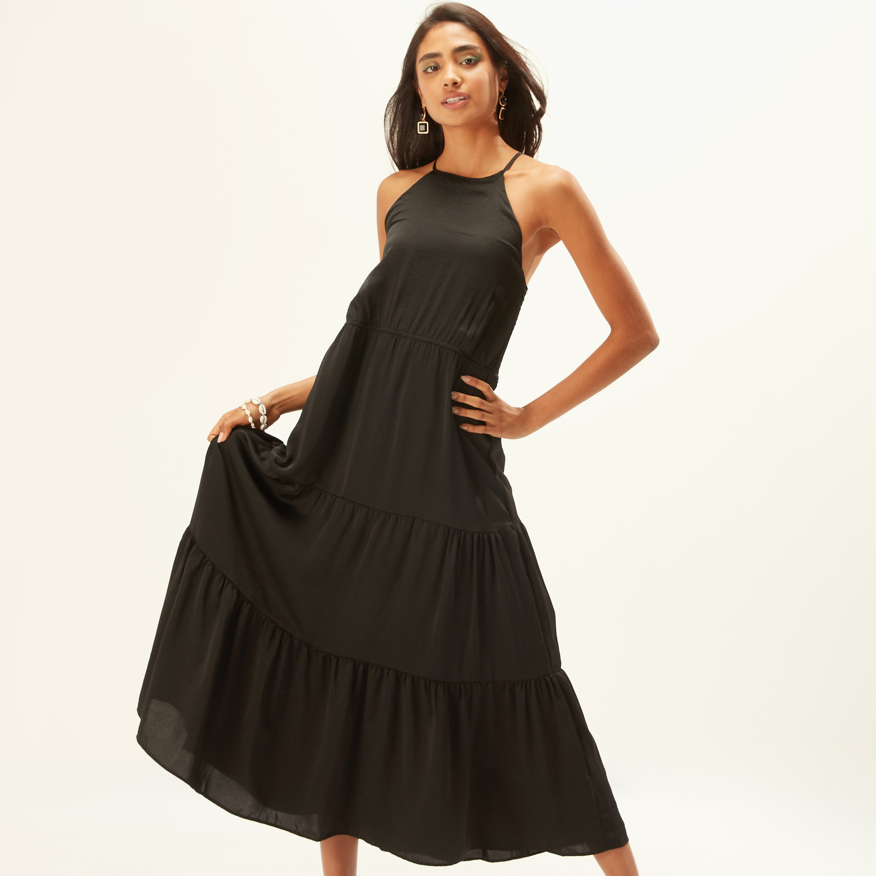 فستان سادة دون أكمام متعدد الطبقات بياقة هالتر وتفاصيل مطرزة-women-clothing-dresses-image-6