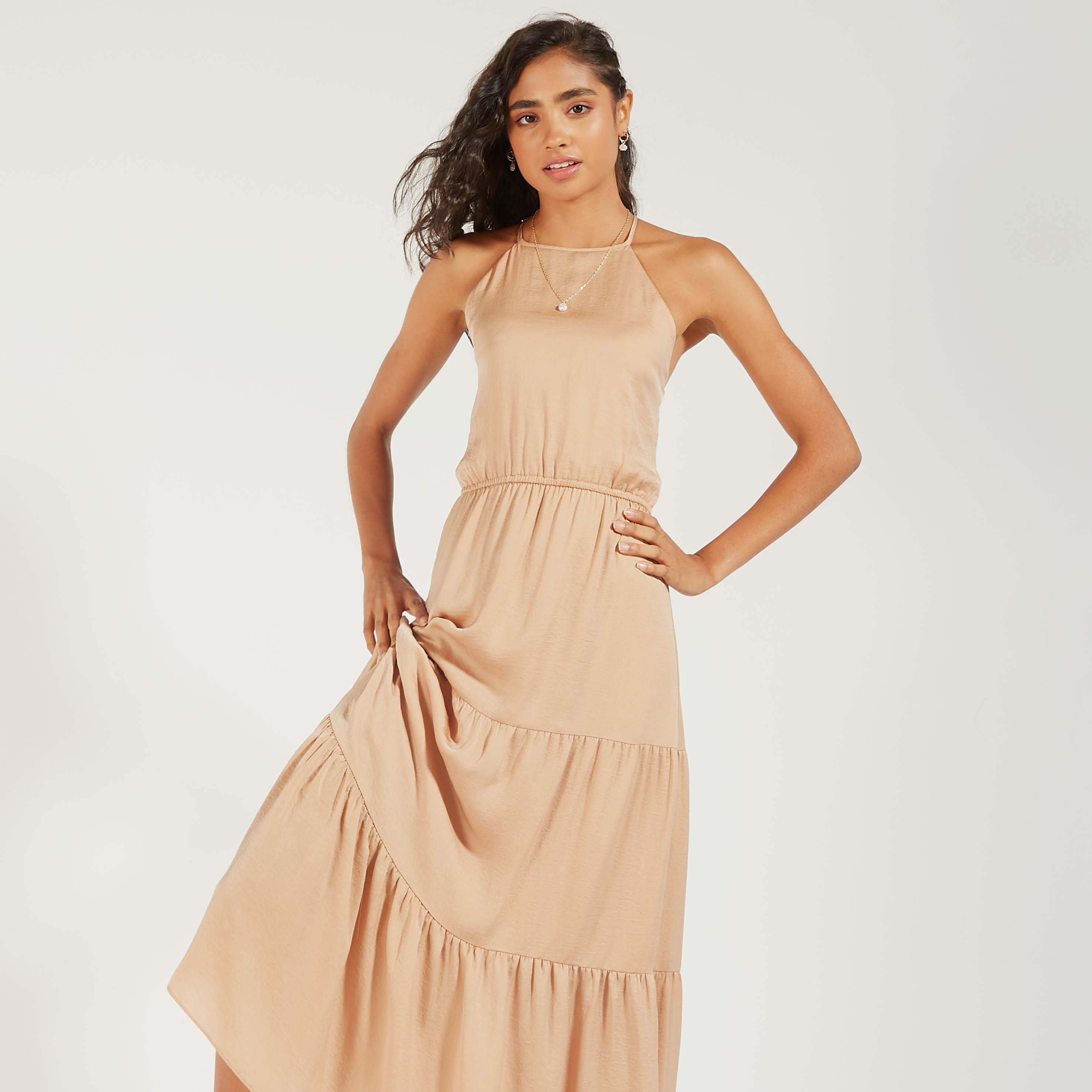 فستان سادة دون أكمام متعدد الطبقات بياقة هالتر وتفاصيل مطرزة-women-clothing-dresses-image-11