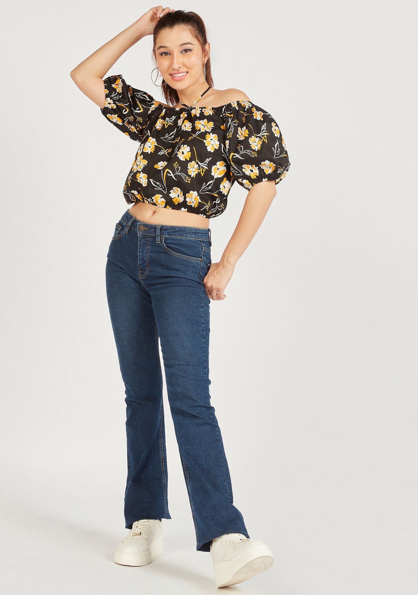 Floral Print Bardot Neck Crop Top with Puff Sleeves and Tie-Ups-Kimonos-image-1