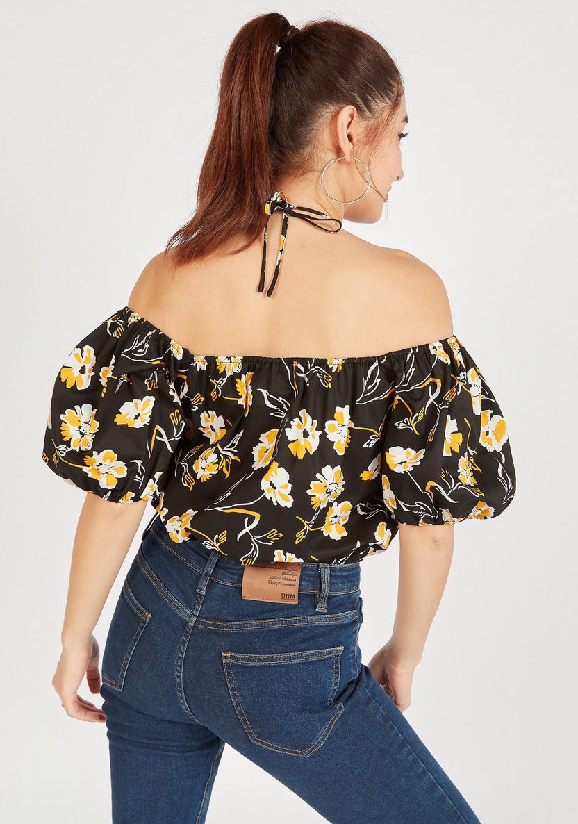 Floral Print Bardot Neck Crop Top with Puff Sleeves and Tie-Ups-Kimonos-image-3