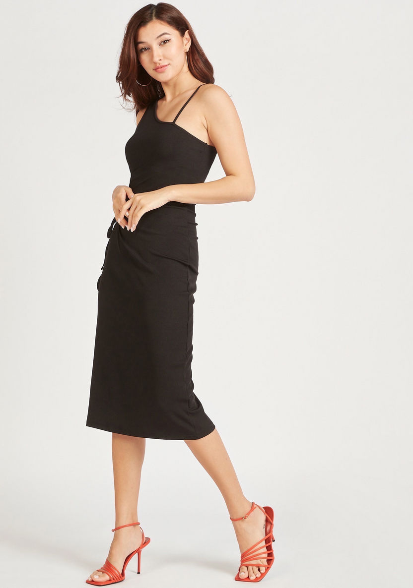 Textured Midi Bodycon Dress with Cut-Out and Tie-Up Detail-Dresses-image-0