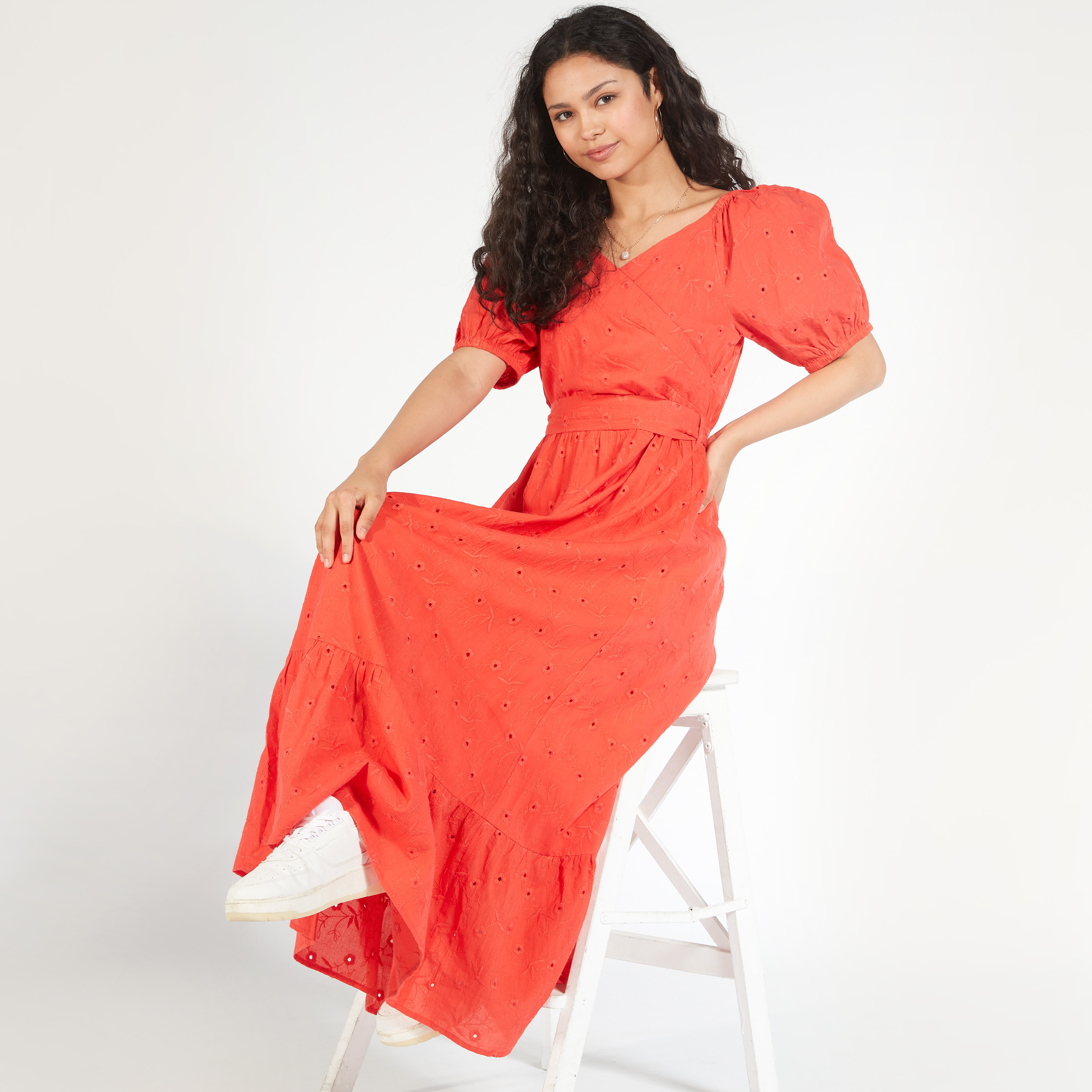 Embroidered Maxi A-line Dress with Tie-Up Belt and Short Sleeves-women-clothing-dresses-image-6