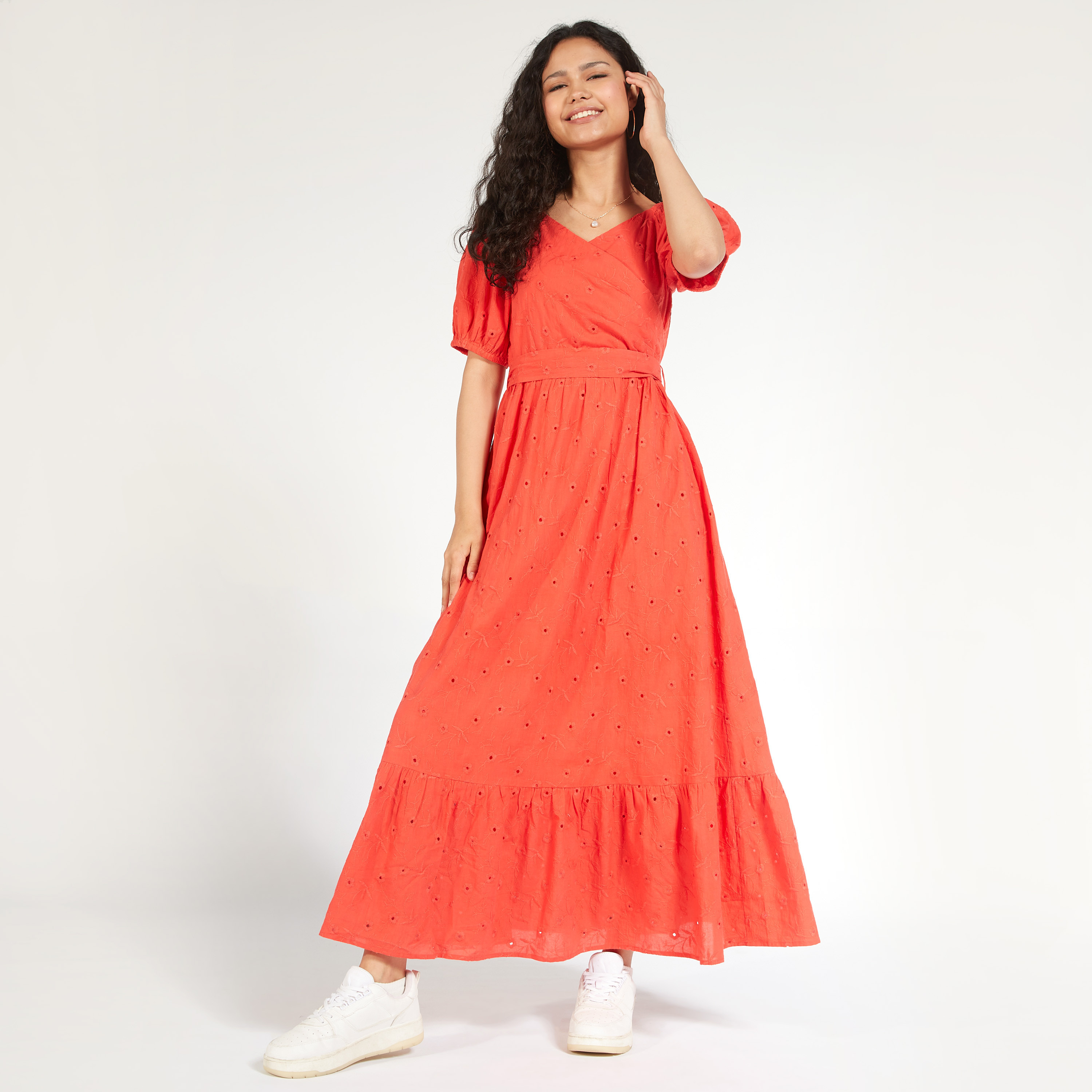 Embroidered Maxi A-line Dress with Tie-Up Belt and Short Sleeves-women-clothing-dresses-image-7