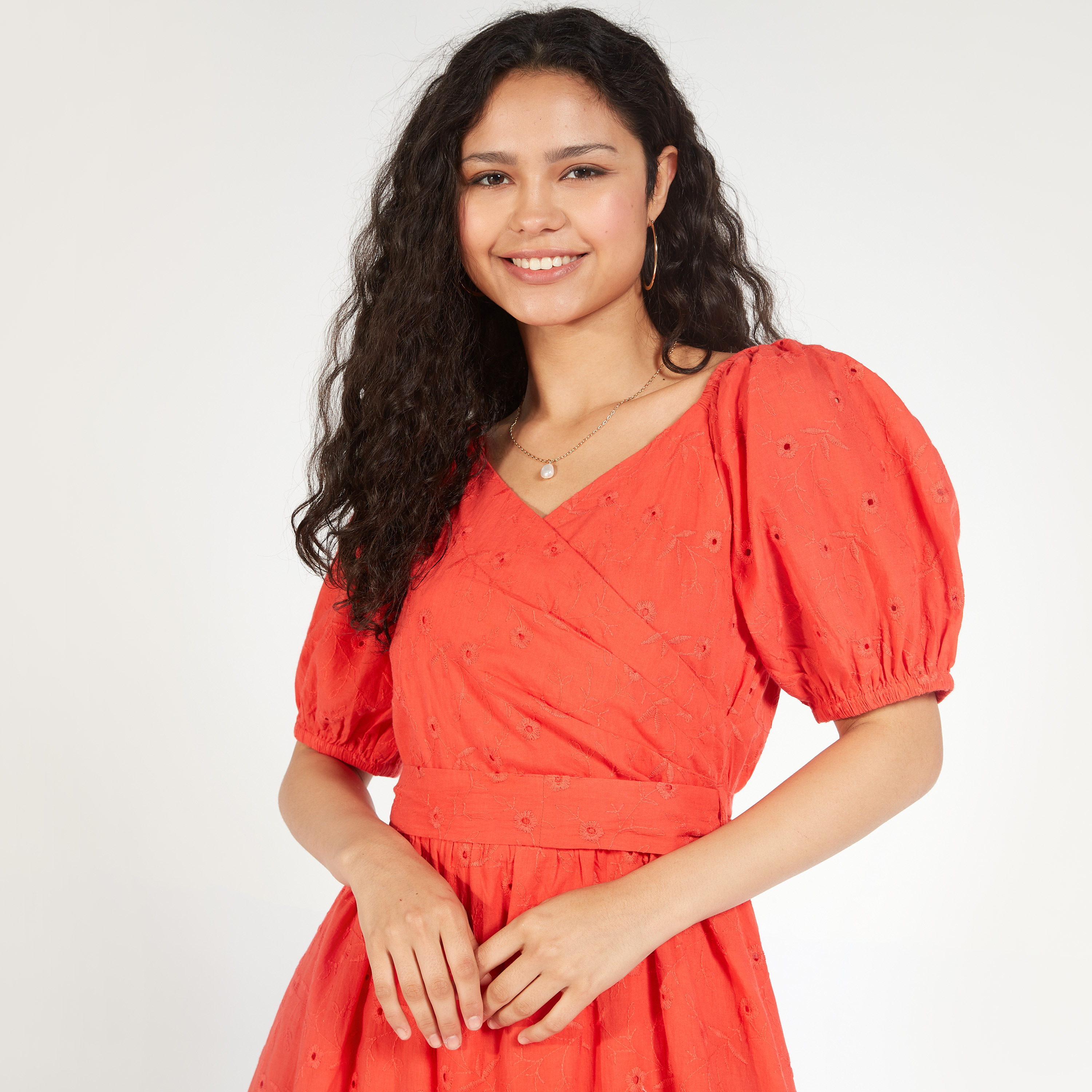 Embroidered Maxi A-line Dress with Tie-Up Belt and Short Sleeves-women-clothing-dresses-image-8